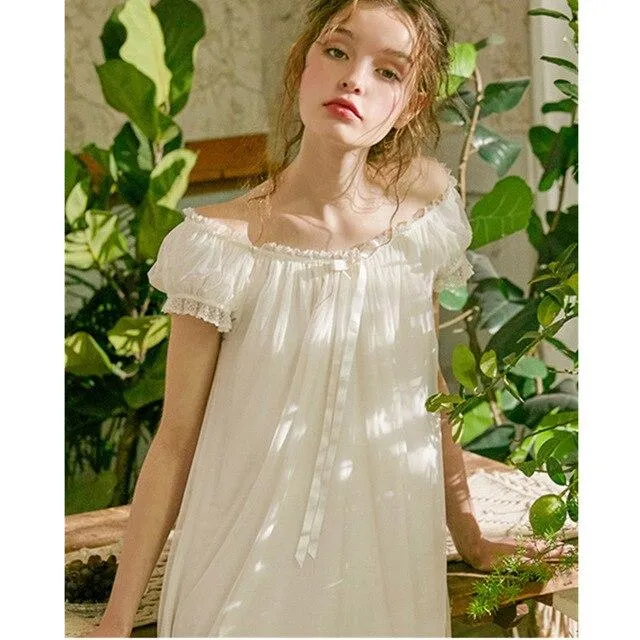 2019 Retro Sleepwear Vintage Bishop Sleeve Bow-knot Lace Cover Cotton Lining Women Night Wear Home Dress White Nightgown T499