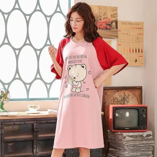 2019 Sleeping Skirt Female Summer Short Sleeve Fresh Style Sleepwear Female Youth Long-style Student cotton Skirt Home Clothes