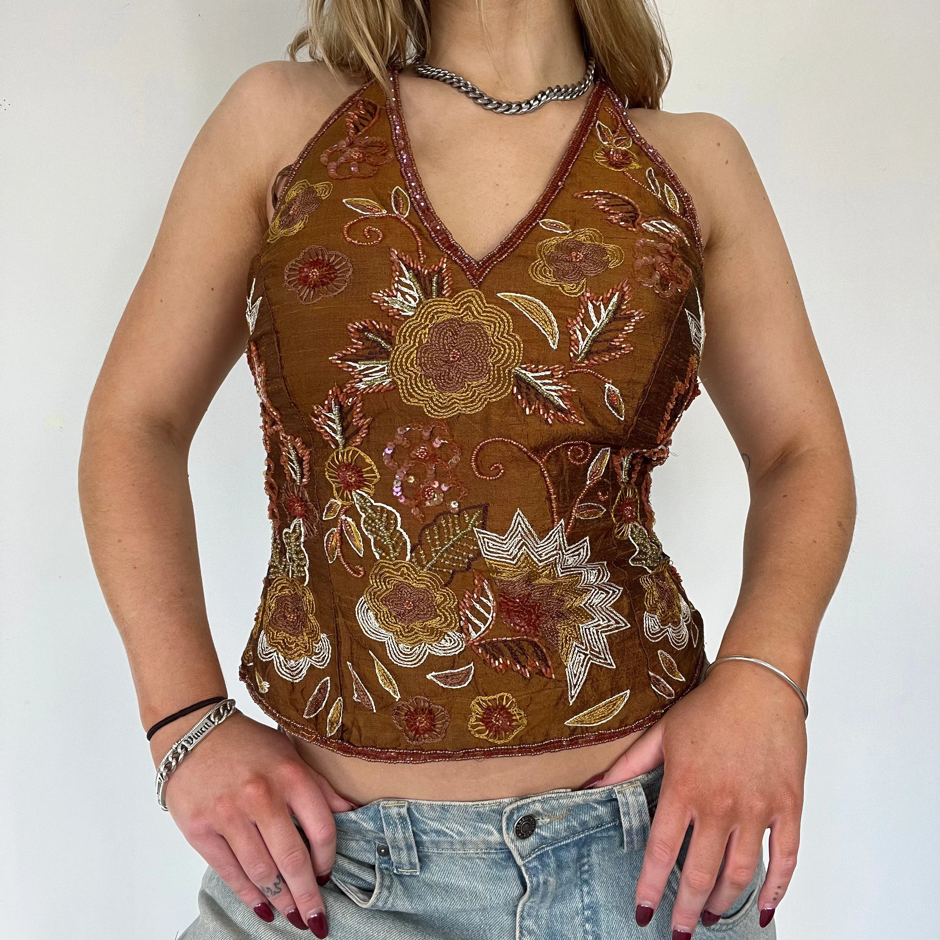 90s beaded backless halter neck top - Size S
