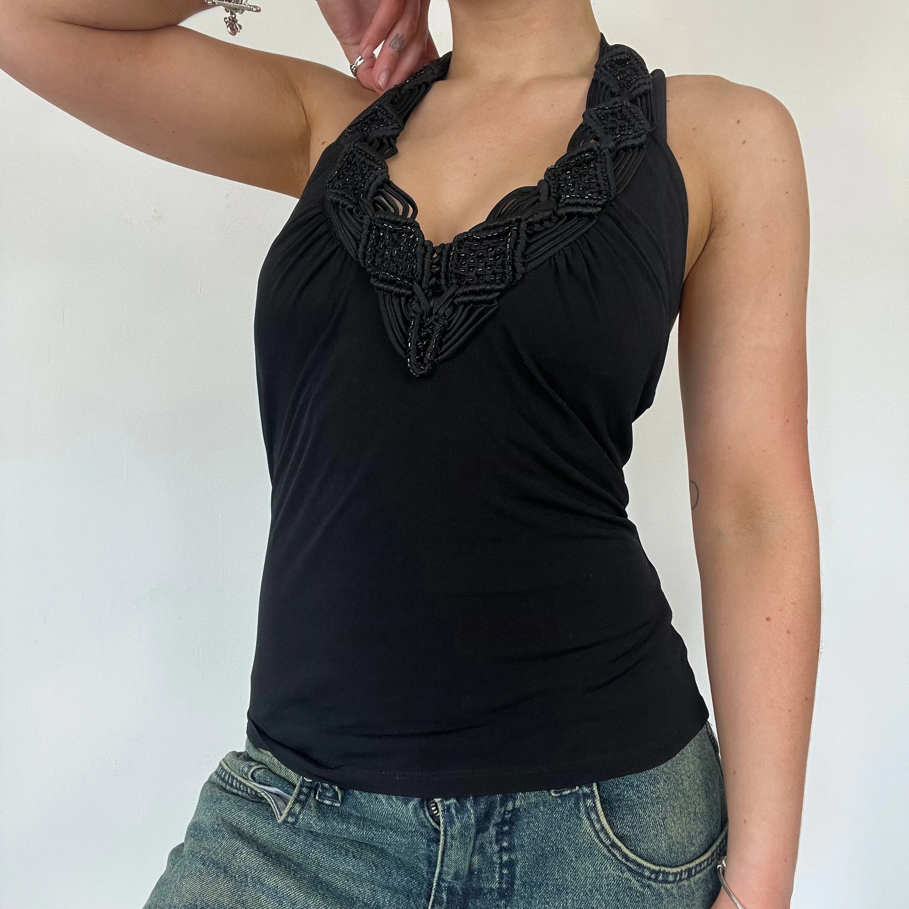 90s black halter neck rope top - Size S