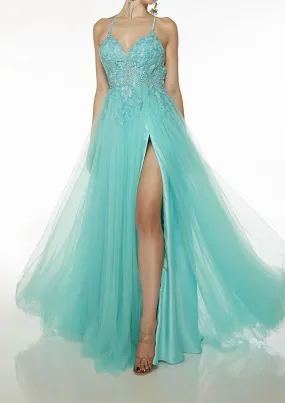 Alyce Paris - Appliqué Corset Tie-back Tulle A-line Gown