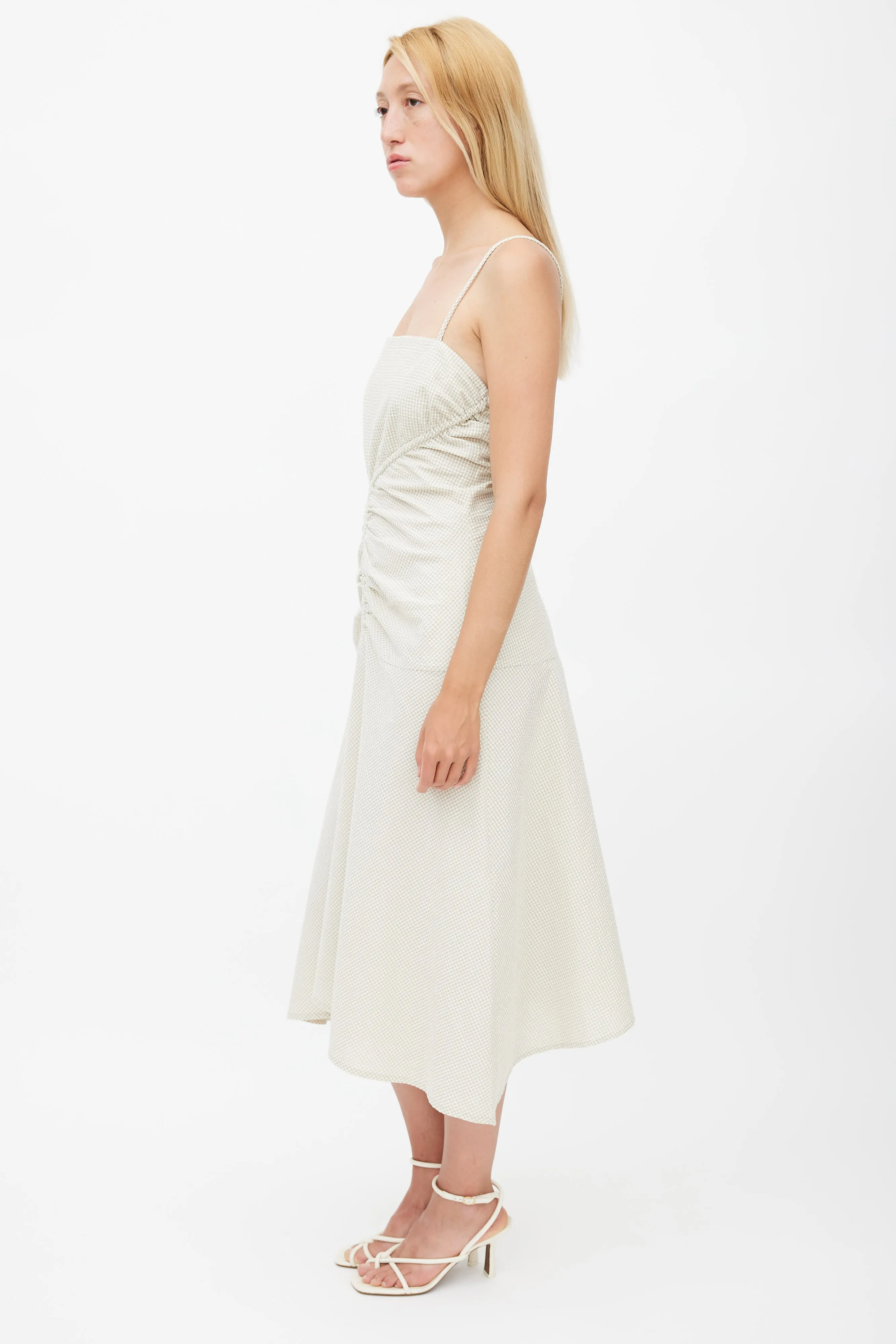 Beige Gingham Ruched Strappy Dress