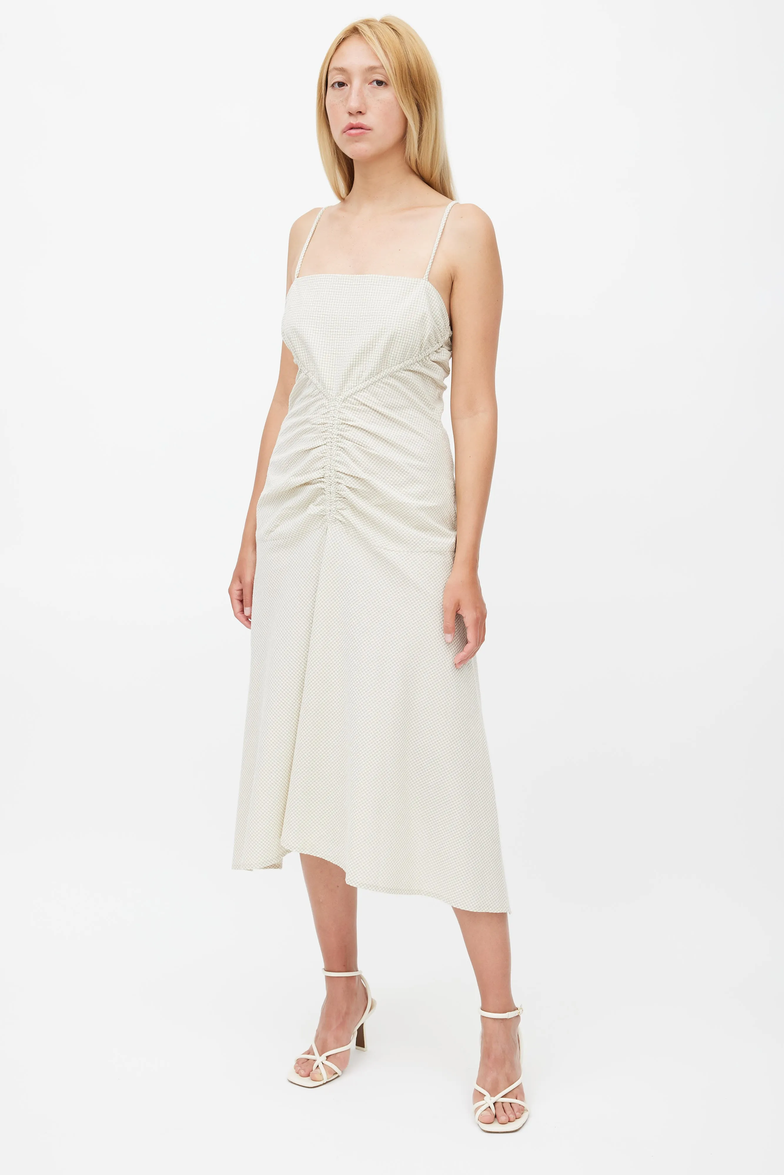 Beige Gingham Ruched Strappy Dress