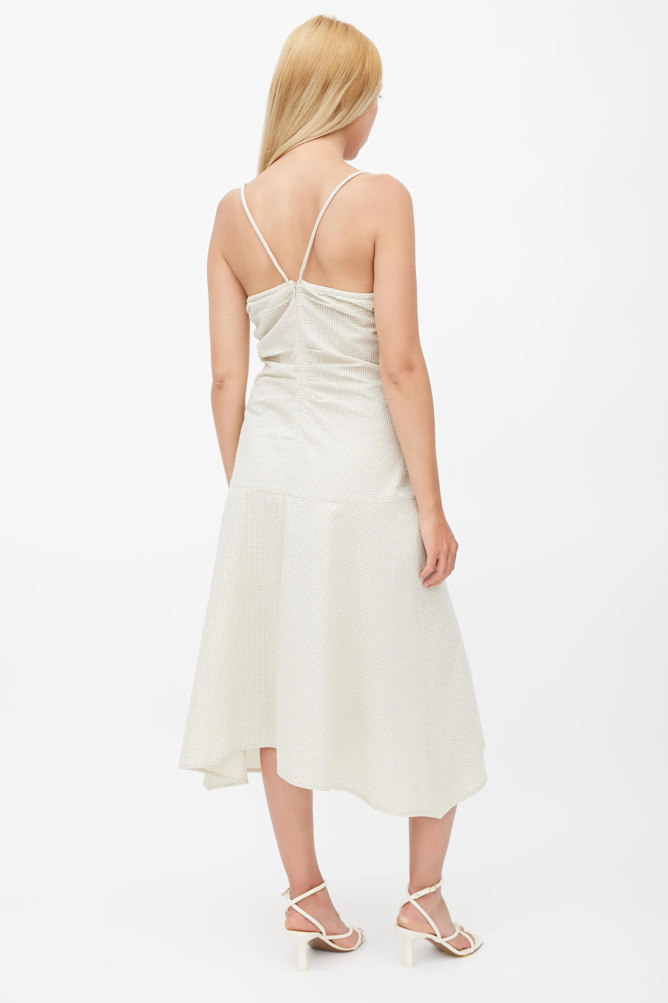 Beige Gingham Ruched Strappy Dress