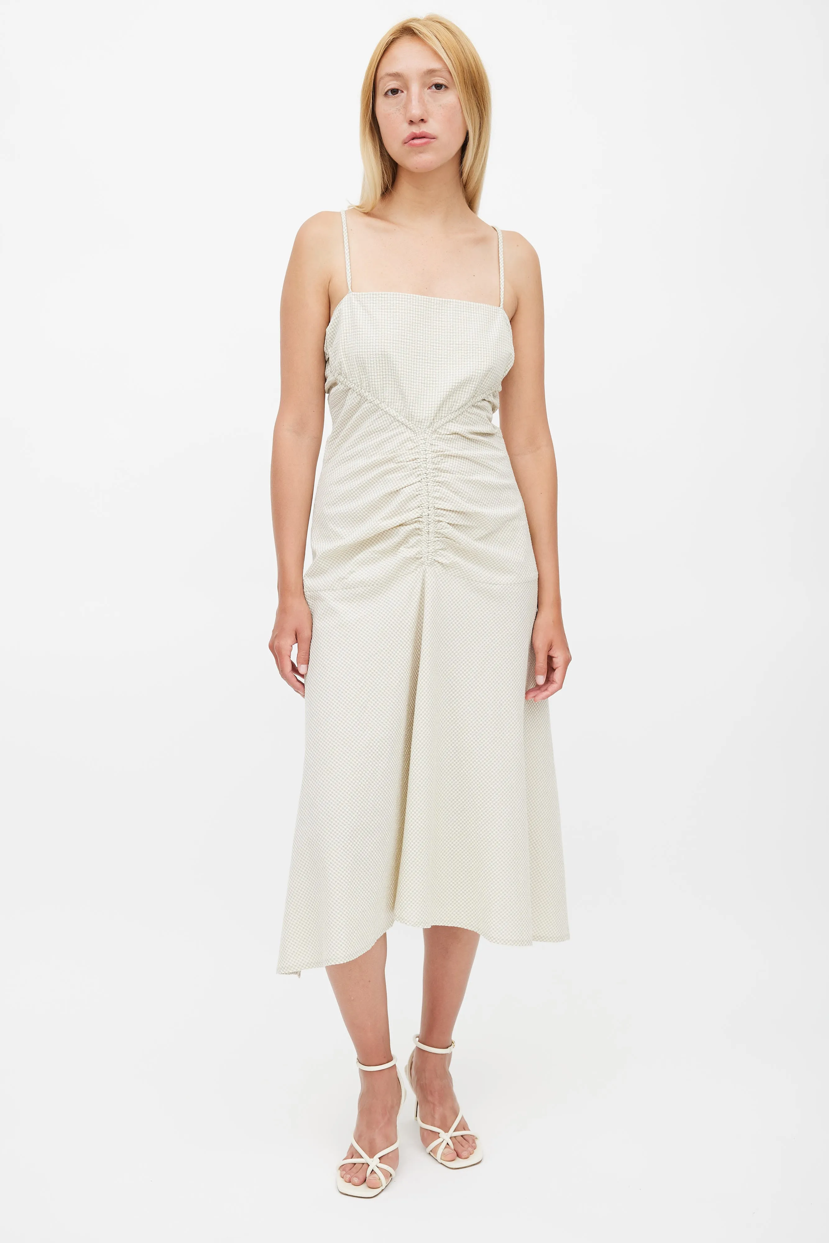 Beige Gingham Ruched Strappy Dress