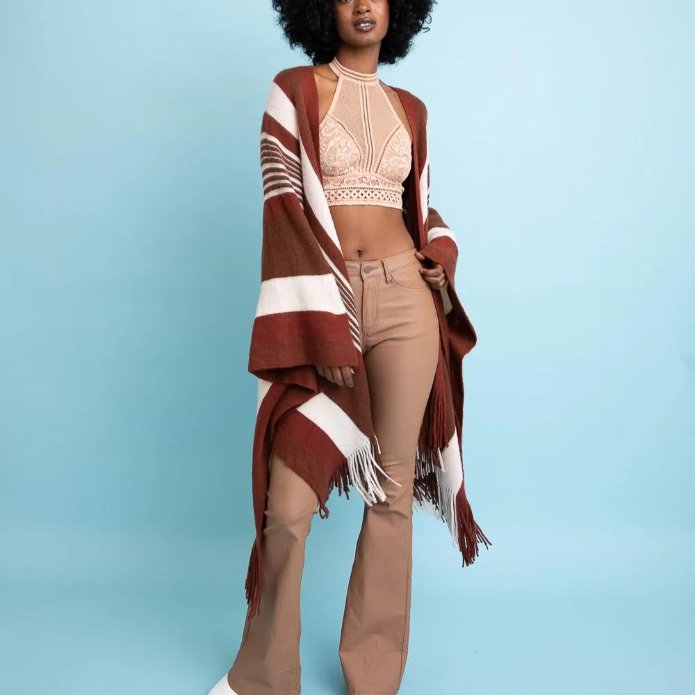 Boho Striped Frayed Edge Ruana
