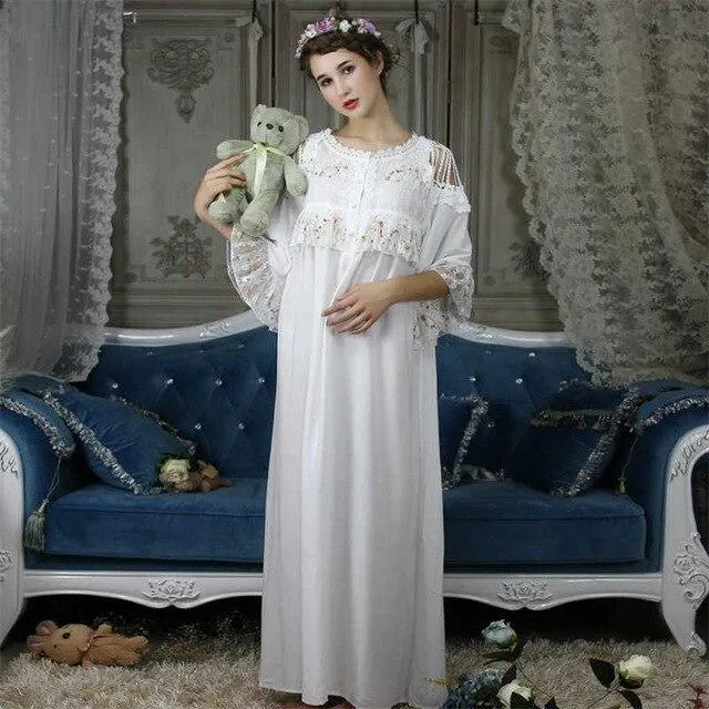 Cold Shoulder Victorian Dress Vintage Nightdress Women Autumn Sleepwear Long Romantic Nightgown Cotton Night Lounge Wear T293