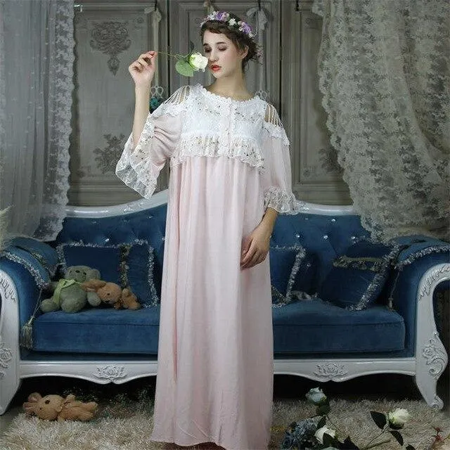 Cold Shoulder Victorian Dress Vintage Nightdress Women Autumn Sleepwear Long Romantic Nightgown Cotton Night Lounge Wear T293