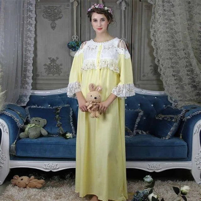 Cold Shoulder Victorian Dress Vintage Nightdress Women Autumn Sleepwear Long Romantic Nightgown Cotton Night Lounge Wear T293