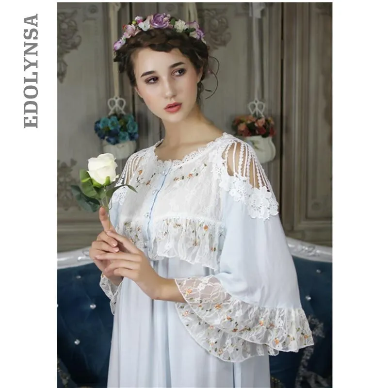 Cold Shoulder Victorian Dress Vintage Nightdress Women Autumn Sleepwear Long Romantic Nightgown Cotton Night Lounge Wear T293