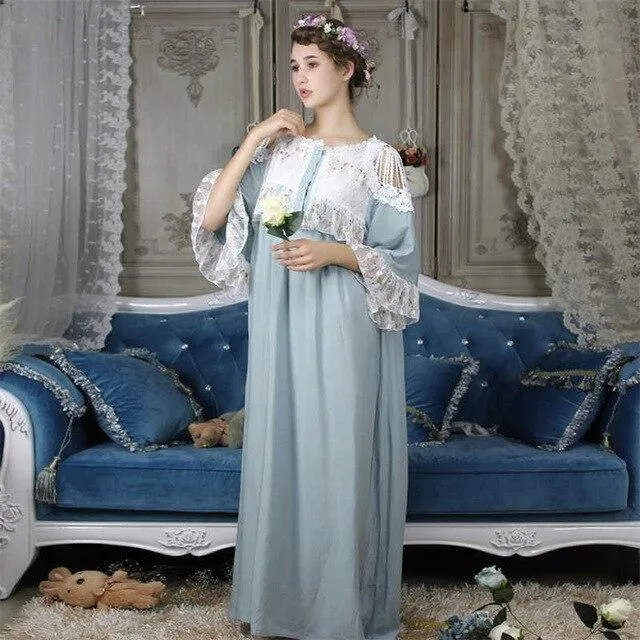 Cold Shoulder Victorian Dress Vintage Nightdress Women Autumn Sleepwear Long Romantic Nightgown Cotton Night Lounge Wear T293