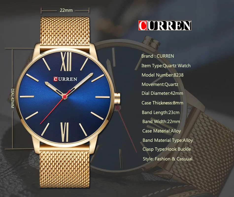 CURREN Luxury Brand Quartz Watch Men's Black Casual Business Stainless Steel Mesh band Quartz-Watch Fashion Thin Clock male