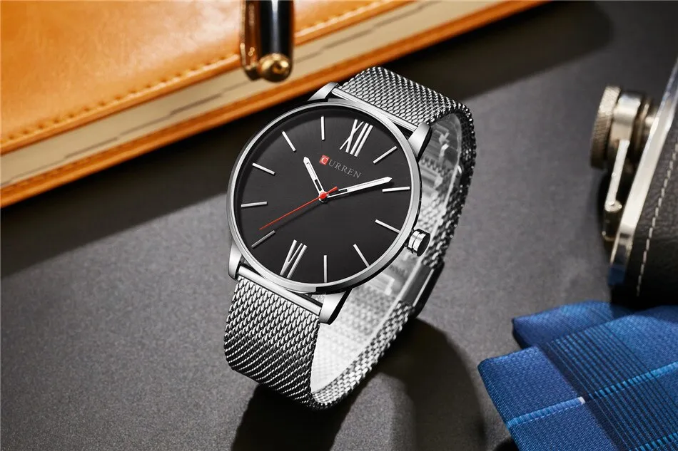 CURREN Luxury Brand Quartz Watch Men's Black Casual Business Stainless Steel Mesh band Quartz-Watch Fashion Thin Clock male