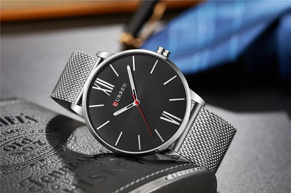 CURREN Luxury Brand Quartz Watch Men's Black Casual Business Stainless Steel Mesh band Quartz-Watch Fashion Thin Clock male