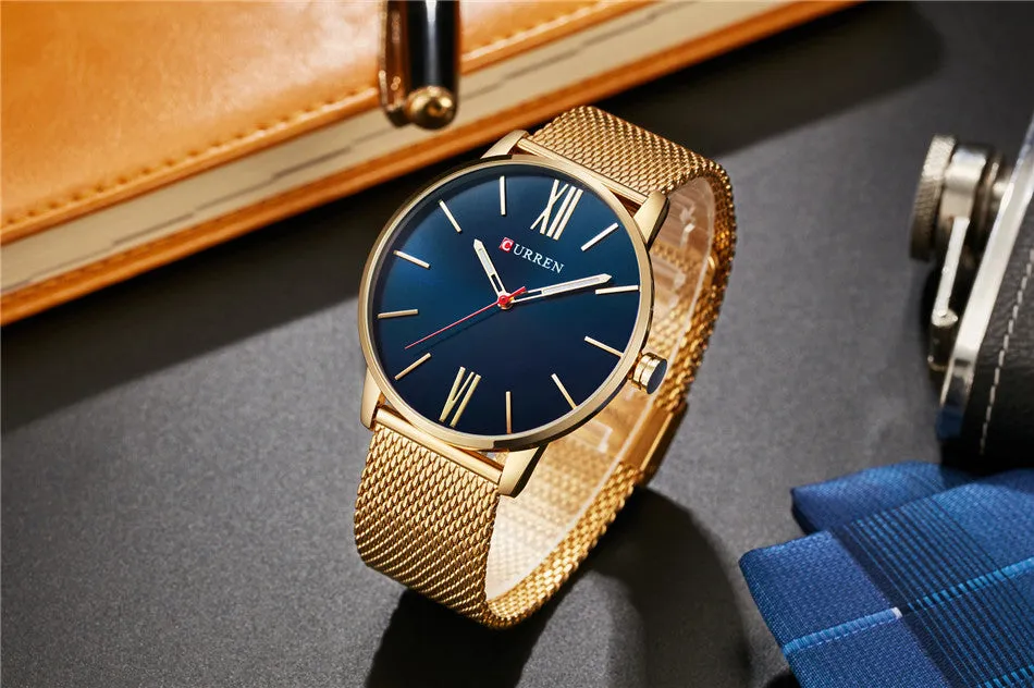 CURREN Luxury Brand Quartz Watch Men's Black Casual Business Stainless Steel Mesh band Quartz-Watch Fashion Thin Clock male
