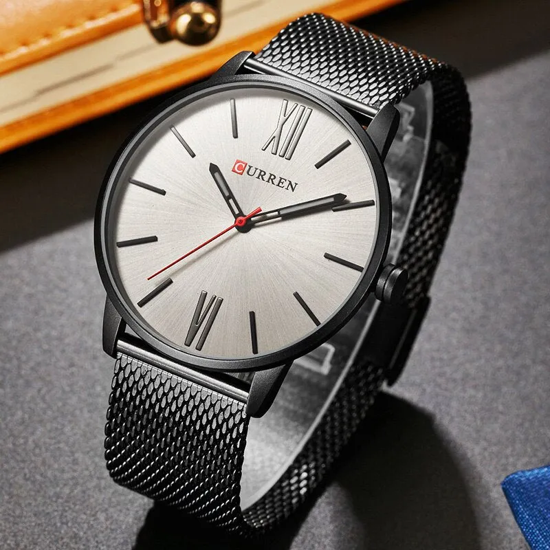 CURREN Luxury Brand Quartz Watch Men's Black Casual Business Stainless Steel Mesh band Quartz-Watch Fashion Thin Clock male