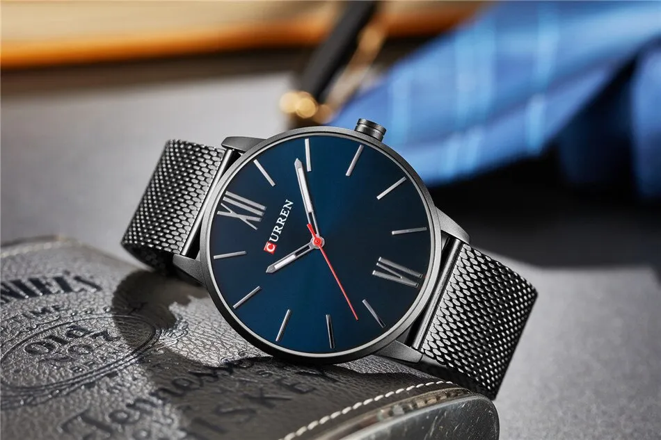 CURREN Luxury Brand Quartz Watch Men's Black Casual Business Stainless Steel Mesh band Quartz-Watch Fashion Thin Clock male