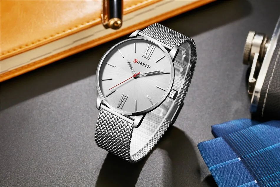 CURREN Luxury Brand Quartz Watch Men's Black Casual Business Stainless Steel Mesh band Quartz-Watch Fashion Thin Clock male