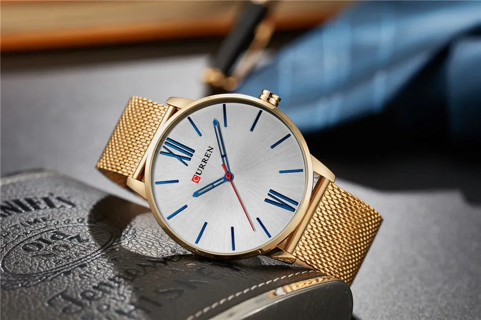 CURREN Luxury Brand Quartz Watch Men's Black Casual Business Stainless Steel Mesh band Quartz-Watch Fashion Thin Clock male