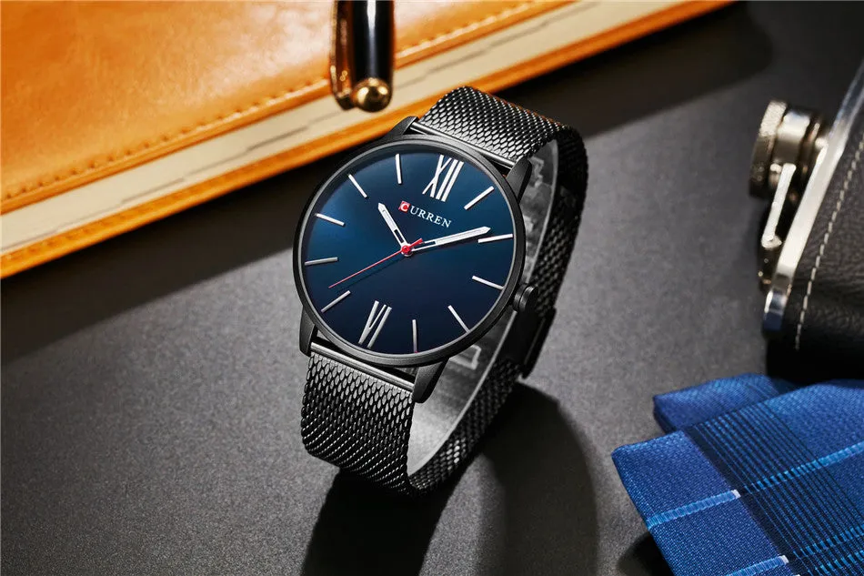 CURREN Luxury Brand Quartz Watch Men's Black Casual Business Stainless Steel Mesh band Quartz-Watch Fashion Thin Clock male