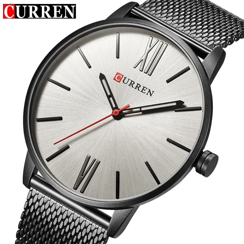 CURREN Luxury Brand Quartz Watch Men's Black Casual Business Stainless Steel Mesh band Quartz-Watch Fashion Thin Clock male