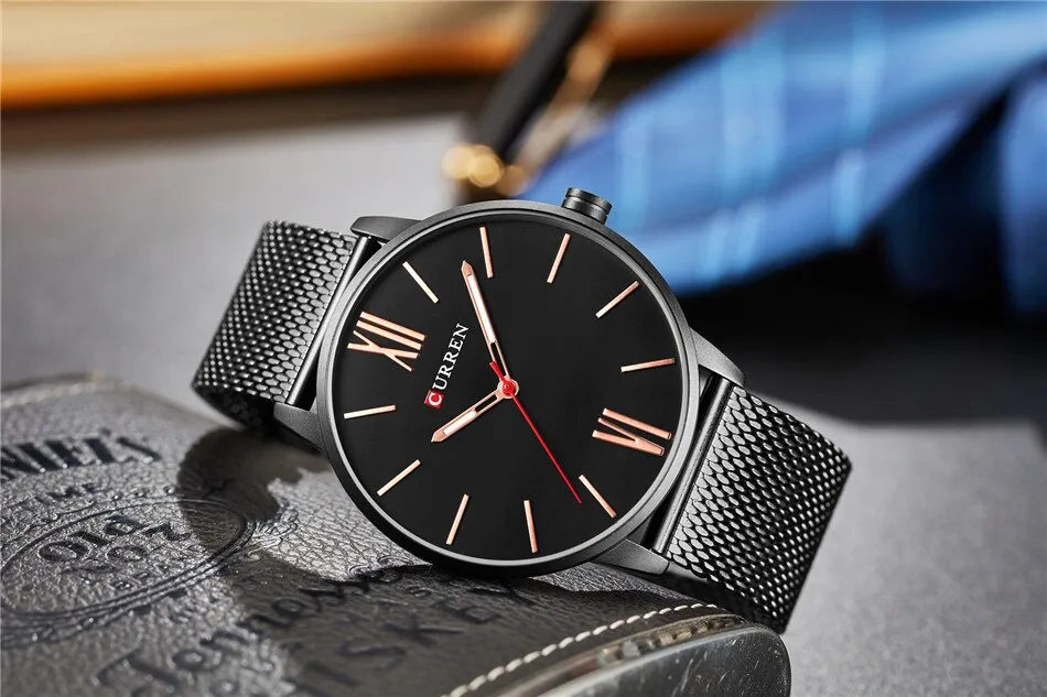 CURREN Luxury Brand Quartz Watch Men's Black Casual Business Stainless Steel Mesh band Quartz-Watch Fashion Thin Clock male