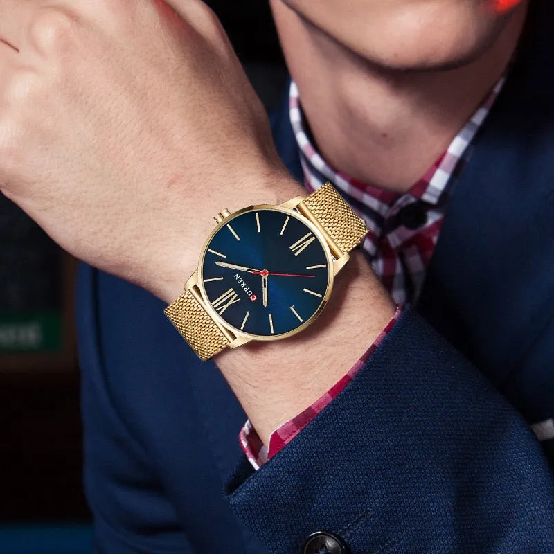 CURREN Luxury Brand Quartz Watch Men's Black Casual Business Stainless Steel Mesh band Quartz-Watch Fashion Thin Clock male