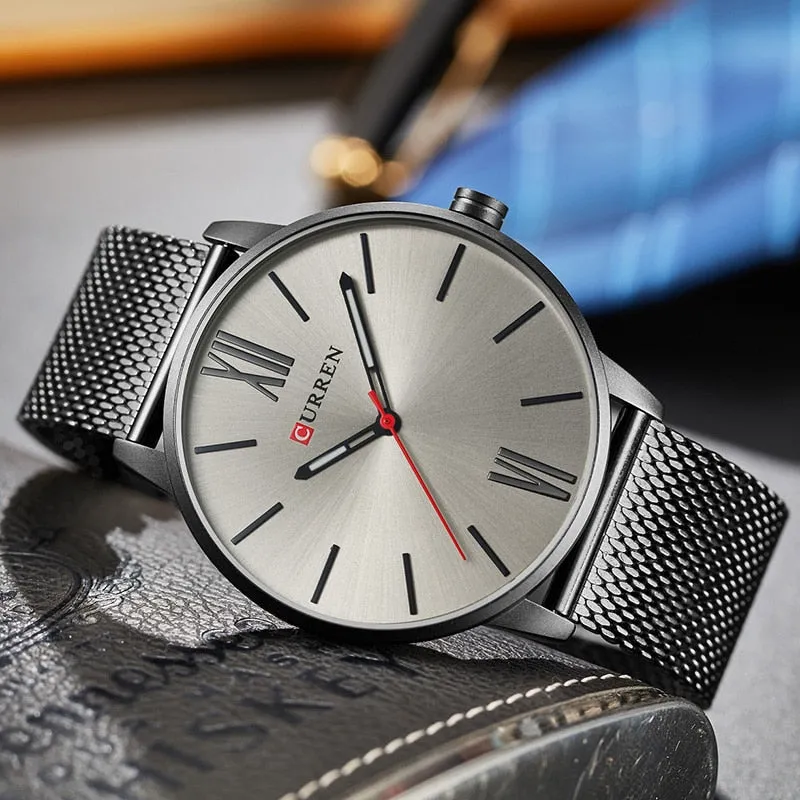 CURREN Luxury Brand Quartz Watch Men's Black Casual Business Stainless Steel Mesh band Quartz-Watch Fashion Thin Clock male