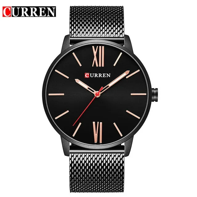 CURREN Luxury Brand Quartz Watch Men's Black Casual Business Stainless Steel Mesh band Quartz-Watch Fashion Thin Clock male