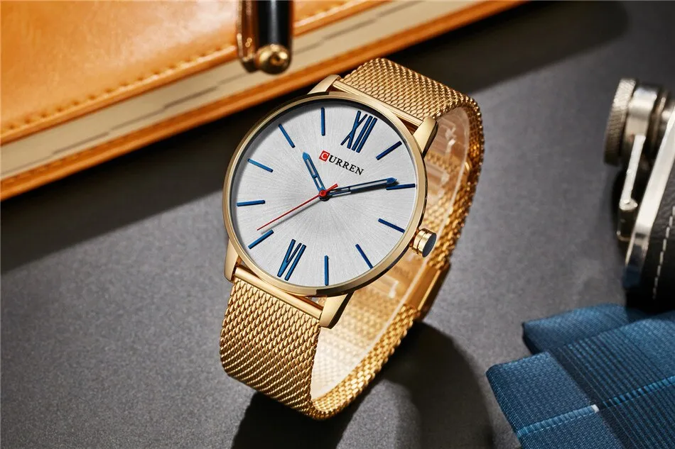 CURREN Luxury Brand Quartz Watch Men's Black Casual Business Stainless Steel Mesh band Quartz-Watch Fashion Thin Clock male