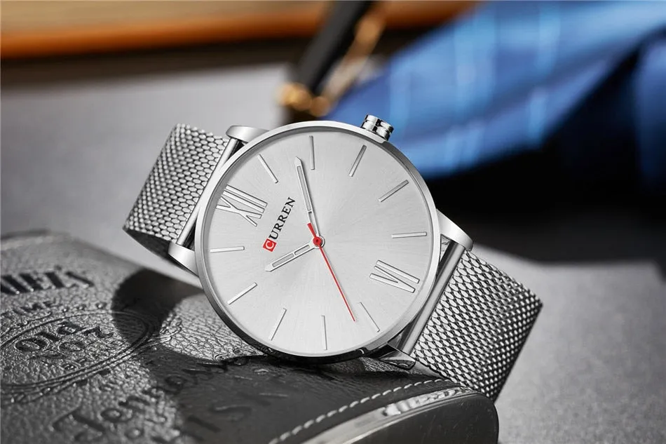 CURREN Luxury Brand Quartz Watch Men's Black Casual Business Stainless Steel Mesh band Quartz-Watch Fashion Thin Clock male