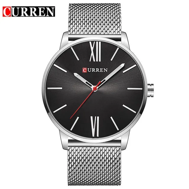 CURREN Luxury Brand Quartz Watch Men's Black Casual Business Stainless Steel Mesh band Quartz-Watch Fashion Thin Clock male