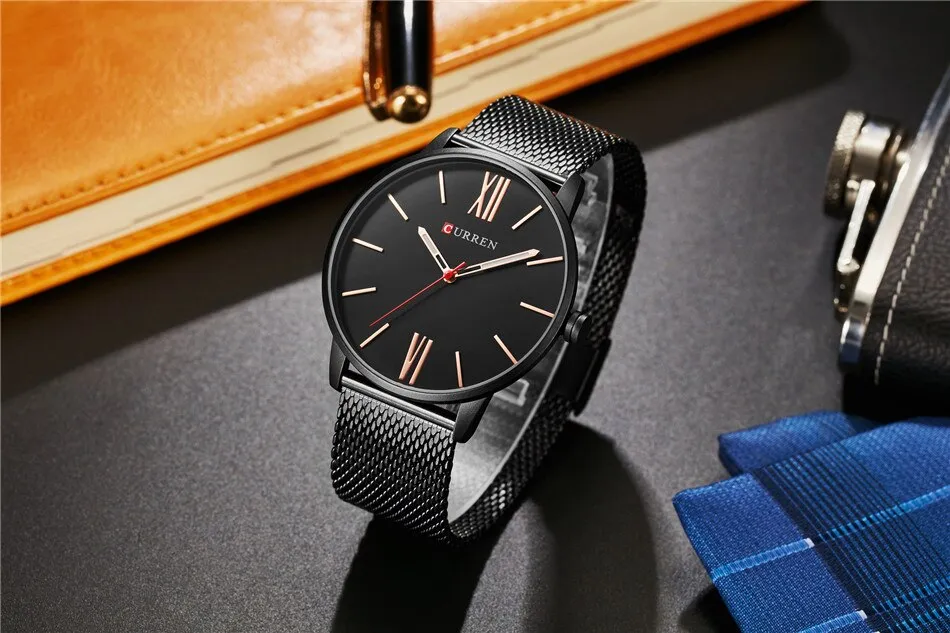 CURREN Luxury Brand Quartz Watch Men's Black Casual Business Stainless Steel Mesh band Quartz-Watch Fashion Thin Clock male