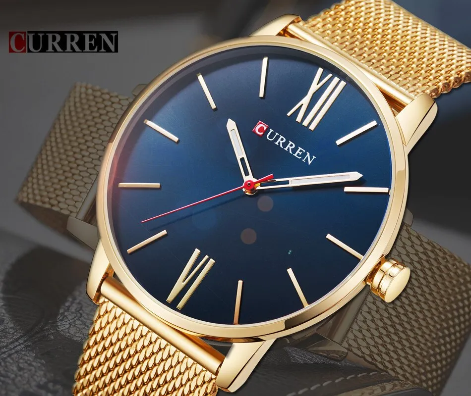 CURREN Luxury Brand Quartz Watch Men's Black Casual Business Stainless Steel Mesh band Quartz-Watch Fashion Thin Clock male