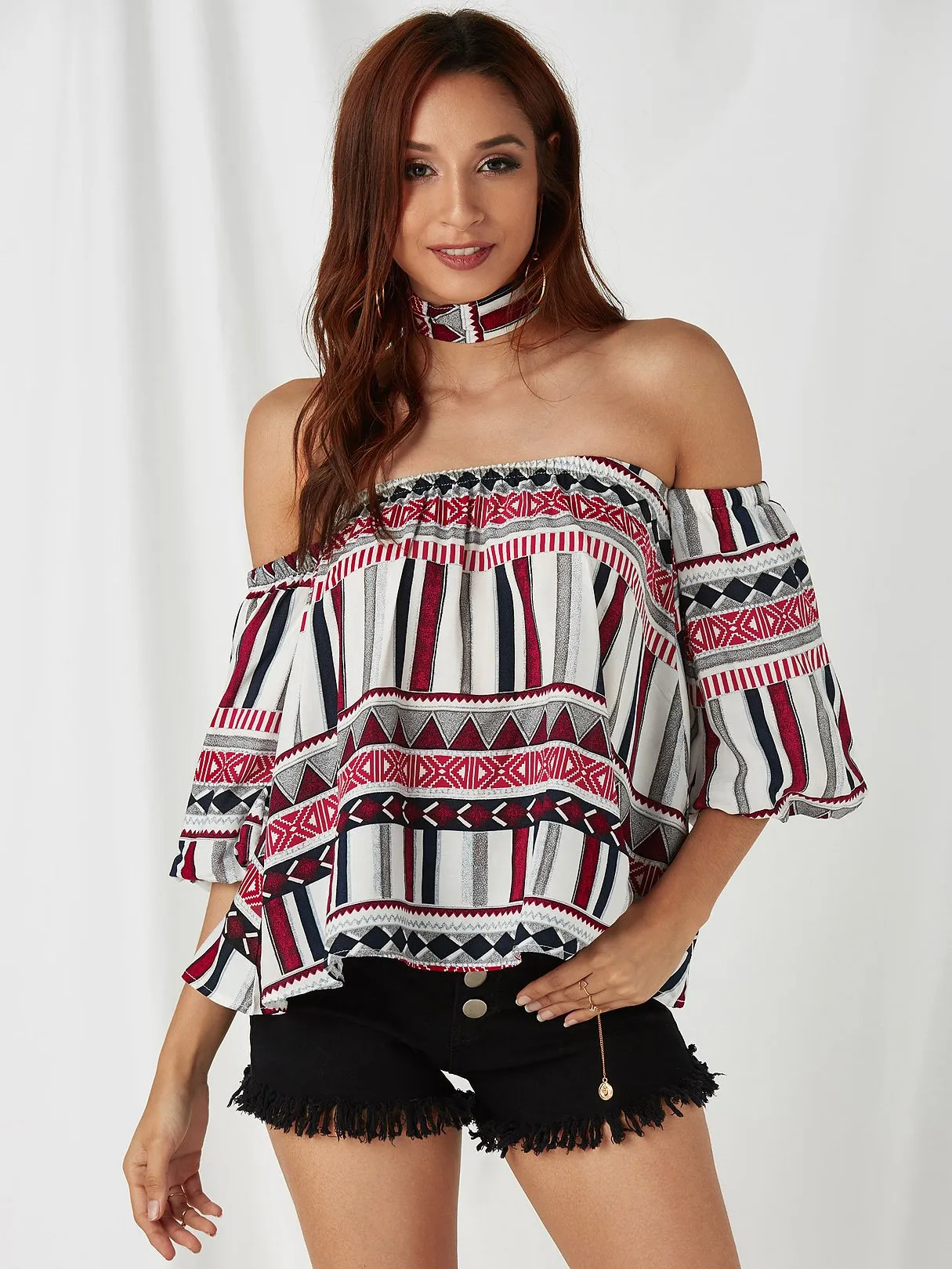 Custom Off The Shoulder Geometrical Half Sleeve White Top