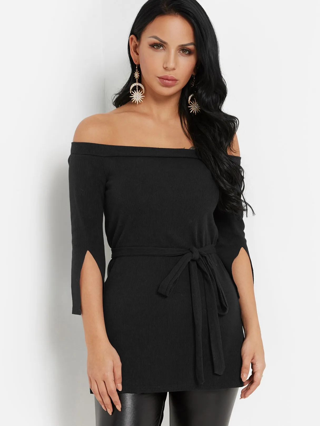 Custom Off The Shoulder Plain Slit Self-Tie Long Sleeve Blouses