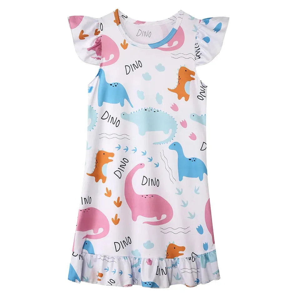 Dinosaur-Themed Girls Summer Sleep Dress Short Sleeve Soft and Breathable Ideal Children Comfort Nightgowns Children Clothing