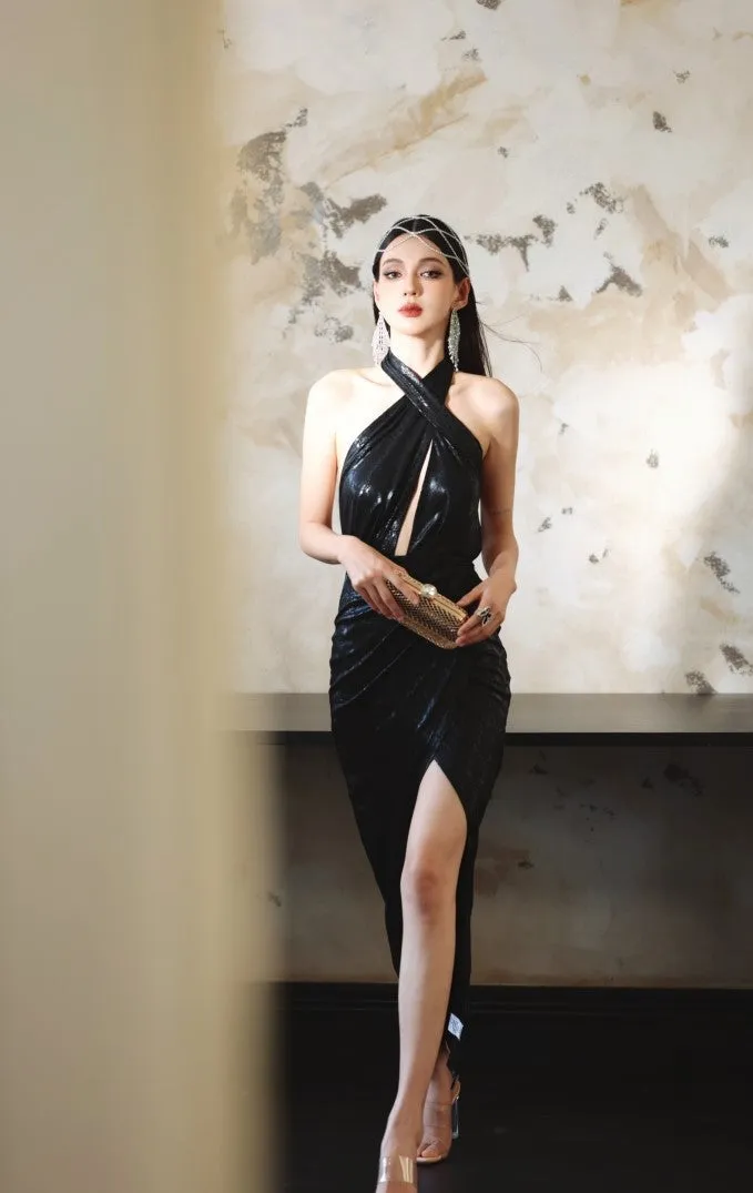 DOLLY  Elegant Black Sleeveless Halter Neck Midi Slit Party Dress-Neya.