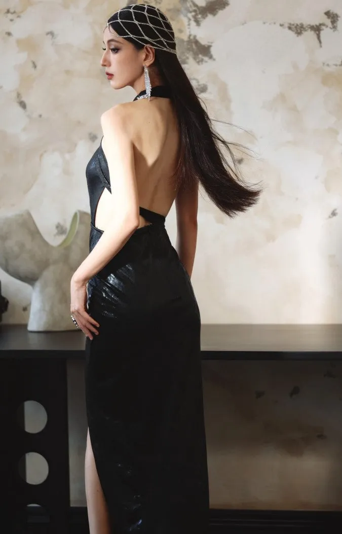 DOLLY  Elegant Black Sleeveless Halter Neck Midi Slit Party Dress-Neya.