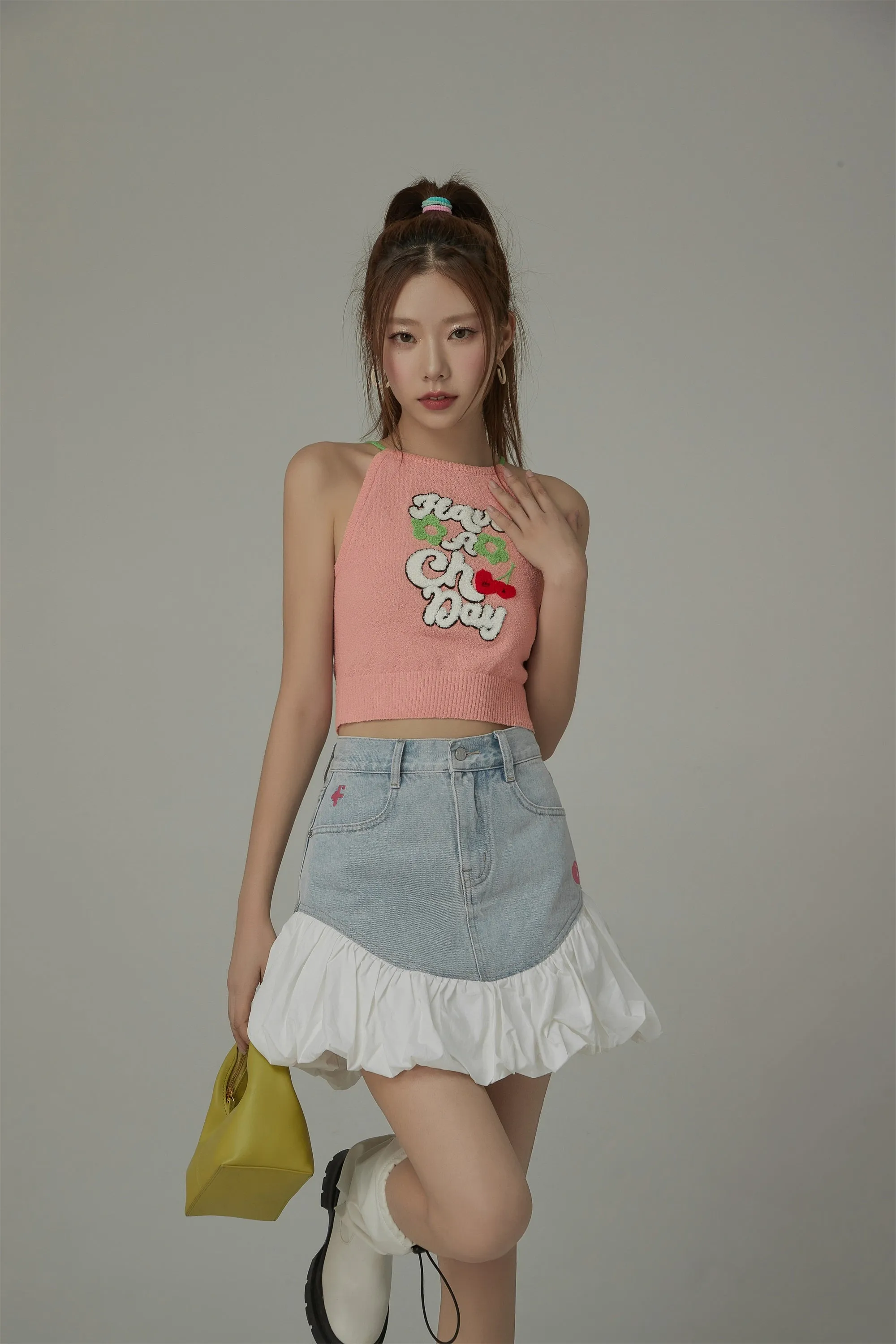 Embroidered Have A Chuu Day Cherries Sleeveless Halter Neck Top