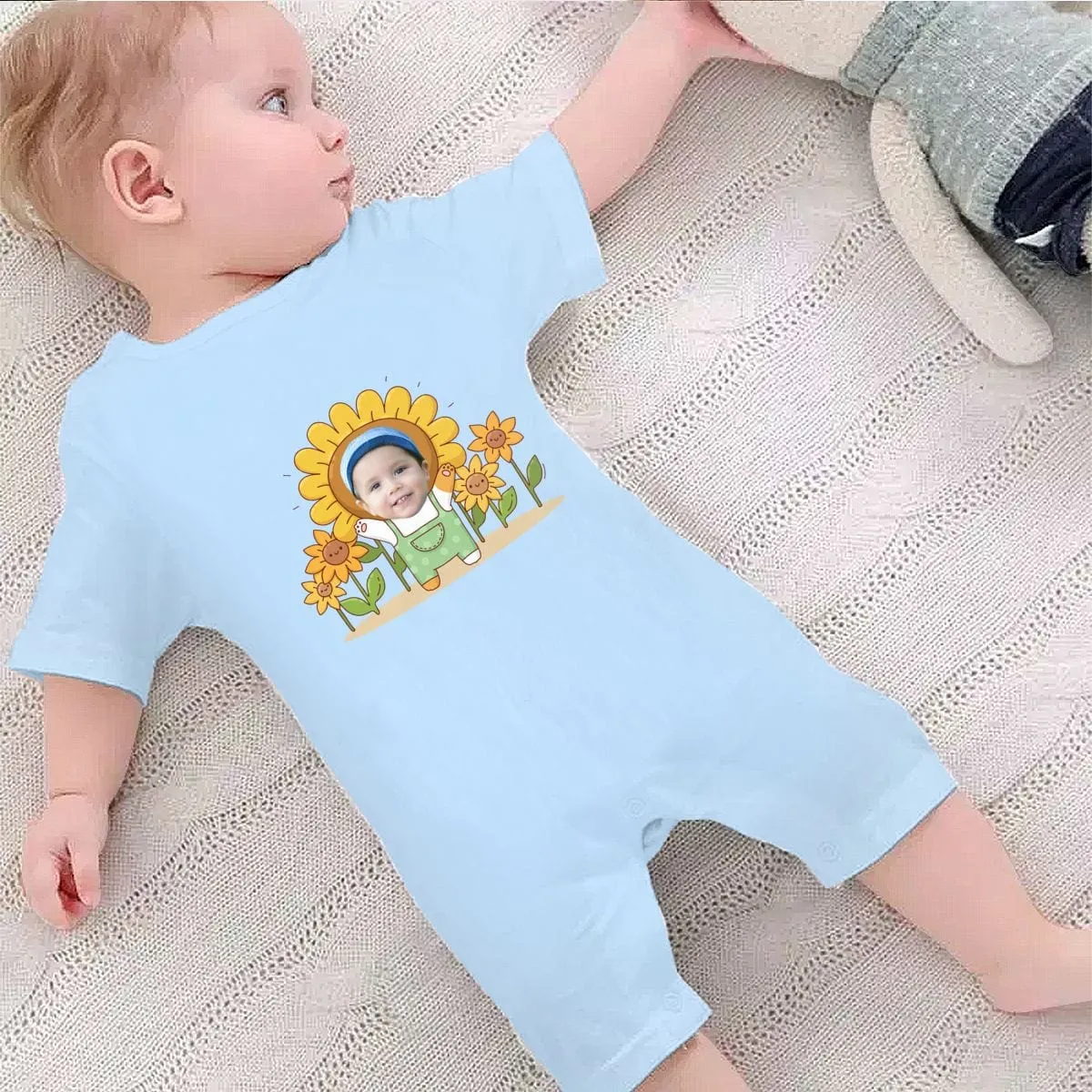#For 0-2T-Custom Face Sunflower Baby Short Sleeve Rompers 100% Organic Cotton Jumpsuit One-piece Coverall and Layette Set