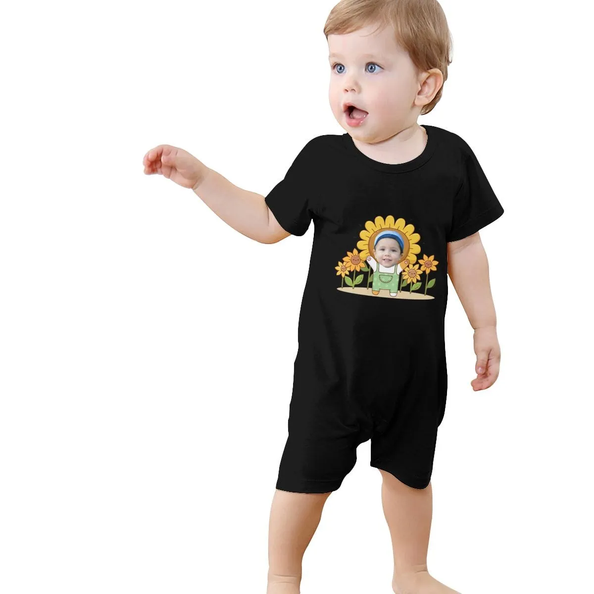 #For 0-2T-Custom Face Sunflower Baby Short Sleeve Rompers 100% Organic Cotton Jumpsuit One-piece Coverall and Layette Set