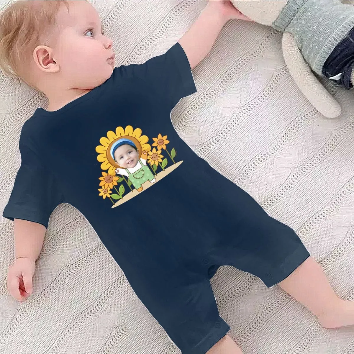 #For 0-2T-Custom Face Sunflower Baby Short Sleeve Rompers 100% Organic Cotton Jumpsuit One-piece Coverall and Layette Set