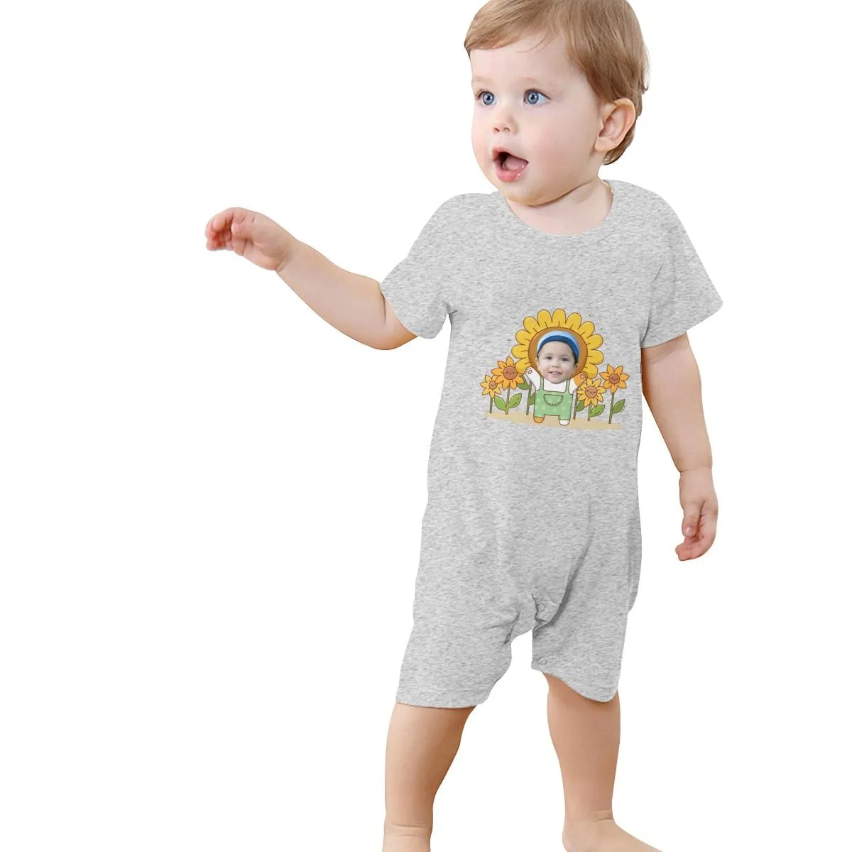 #For 0-2T-Custom Face Sunflower Baby Short Sleeve Rompers 100% Organic Cotton Jumpsuit One-piece Coverall and Layette Set