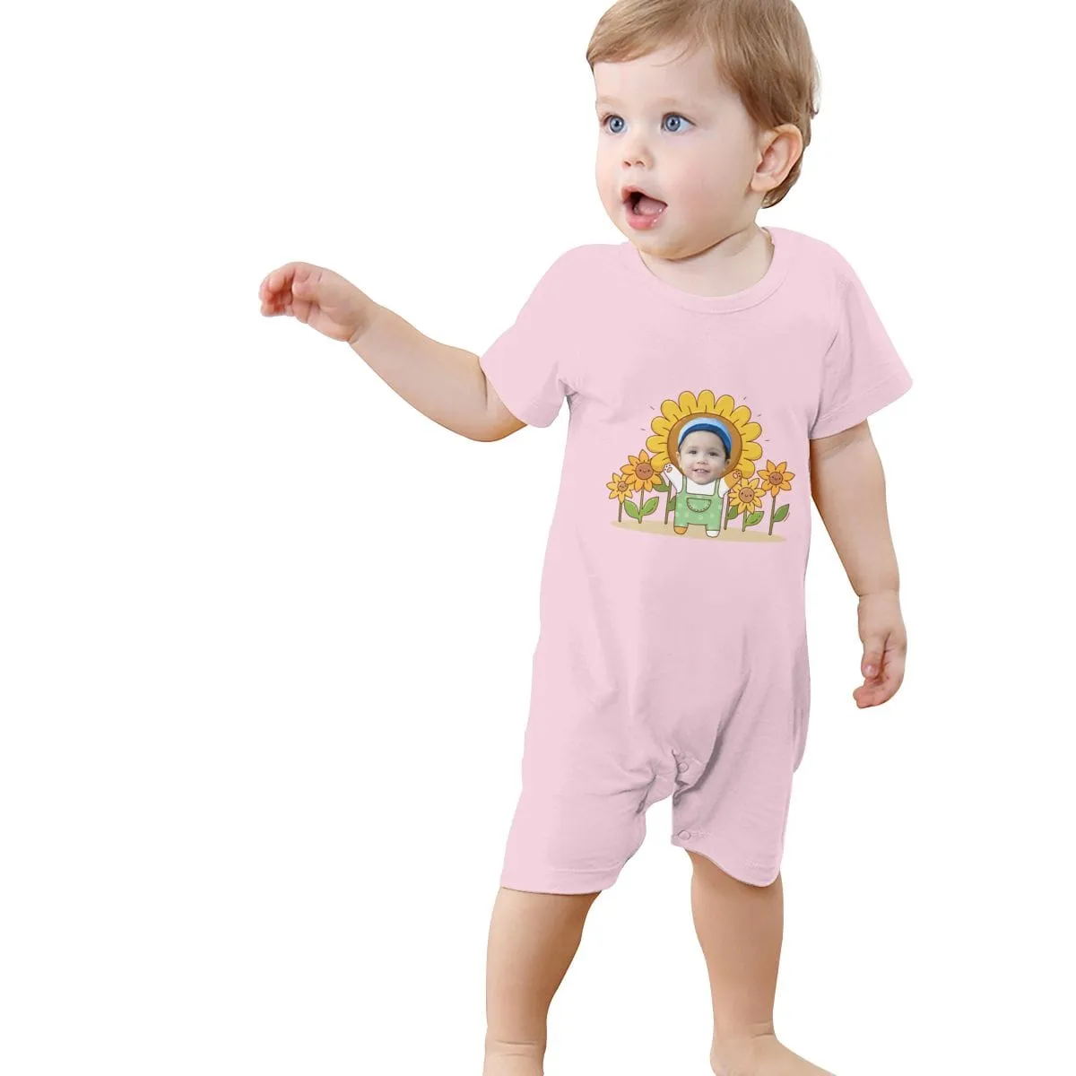 #For 0-2T-Custom Face Sunflower Baby Short Sleeve Rompers 100% Organic Cotton Jumpsuit One-piece Coverall and Layette Set