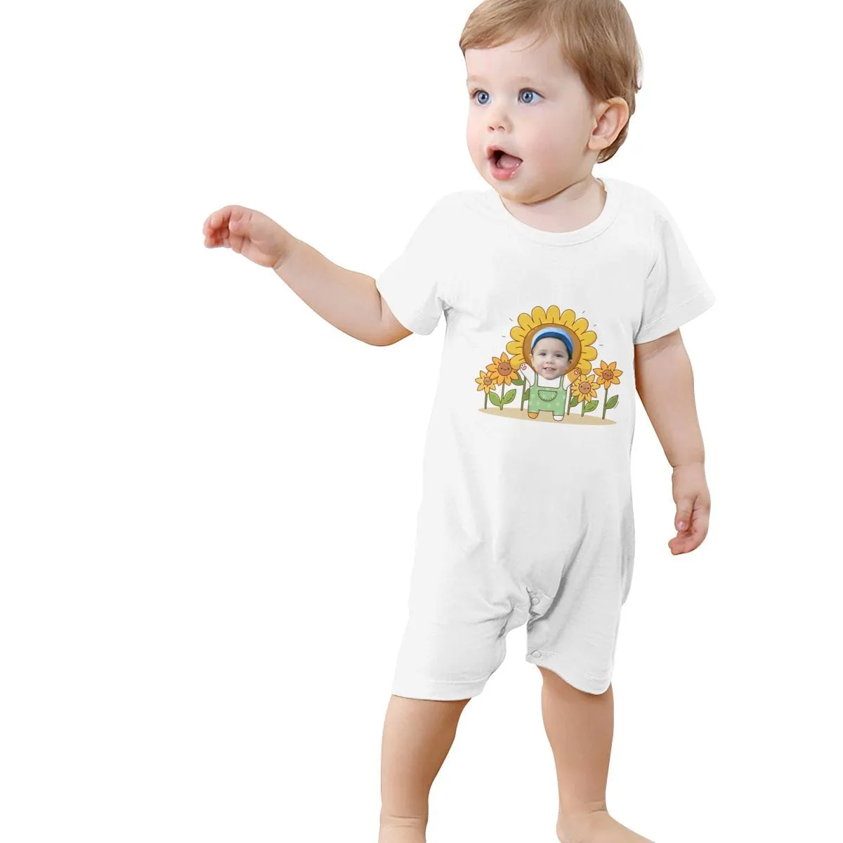 #For 0-2T-Custom Face Sunflower Baby Short Sleeve Rompers 100% Organic Cotton Jumpsuit One-piece Coverall and Layette Set