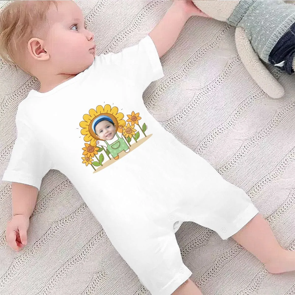#For 0-2T-Custom Face Sunflower Baby Short Sleeve Rompers 100% Organic Cotton Jumpsuit One-piece Coverall and Layette Set