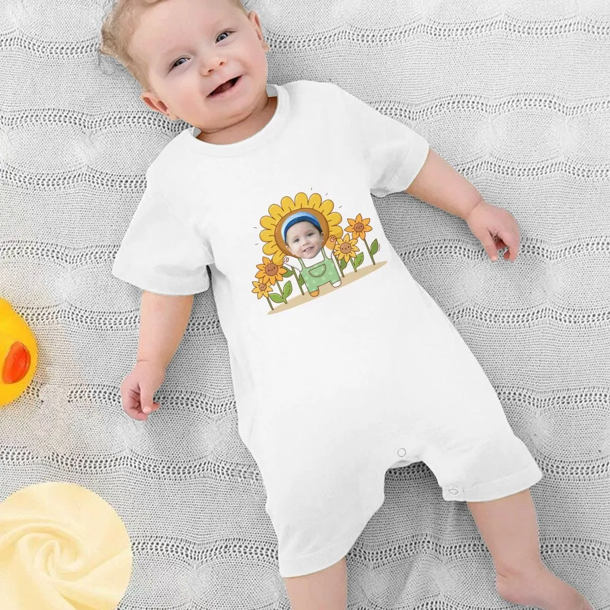 #For 0-2T-Custom Face Sunflower Baby Short Sleeve Rompers 100% Organic Cotton Jumpsuit One-piece Coverall and Layette Set