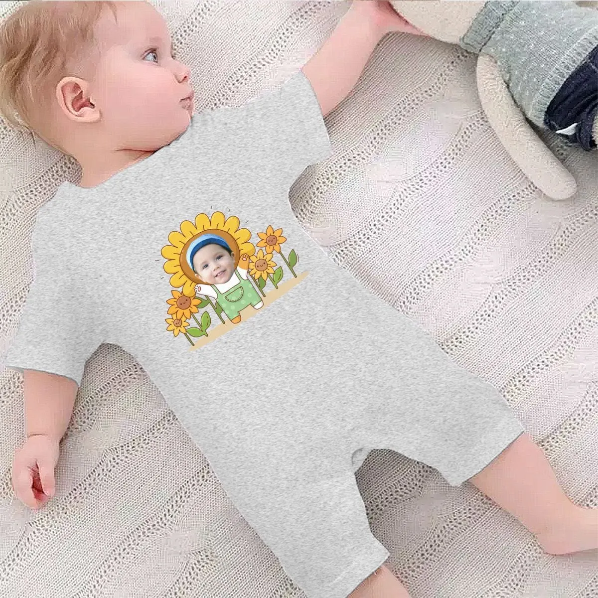 #For 0-2T-Custom Face Sunflower Baby Short Sleeve Rompers 100% Organic Cotton Jumpsuit One-piece Coverall and Layette Set
