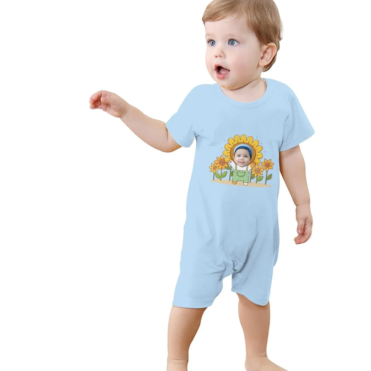 #For 0-2T-Custom Face Sunflower Baby Short Sleeve Rompers 100% Organic Cotton Jumpsuit One-piece Coverall and Layette Set
